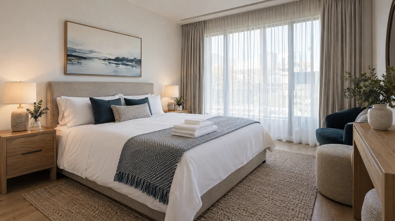 A freshly cleaned bedroom with crisp white bedding and folded towels