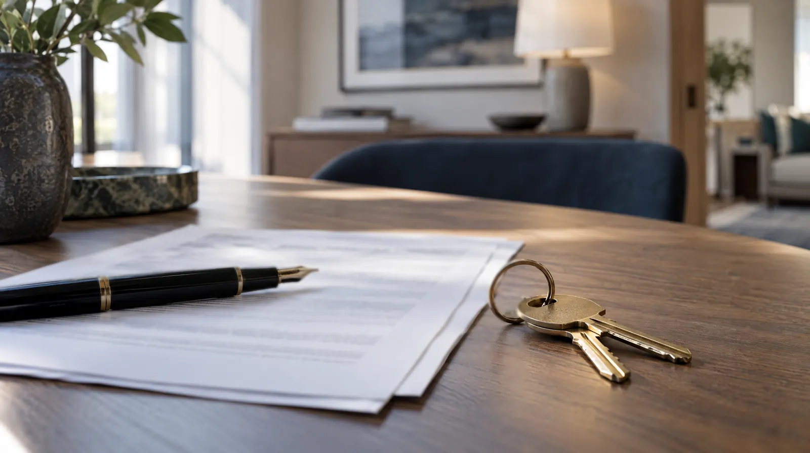 A lease agreement, a pen and two house keys on a walnut desk