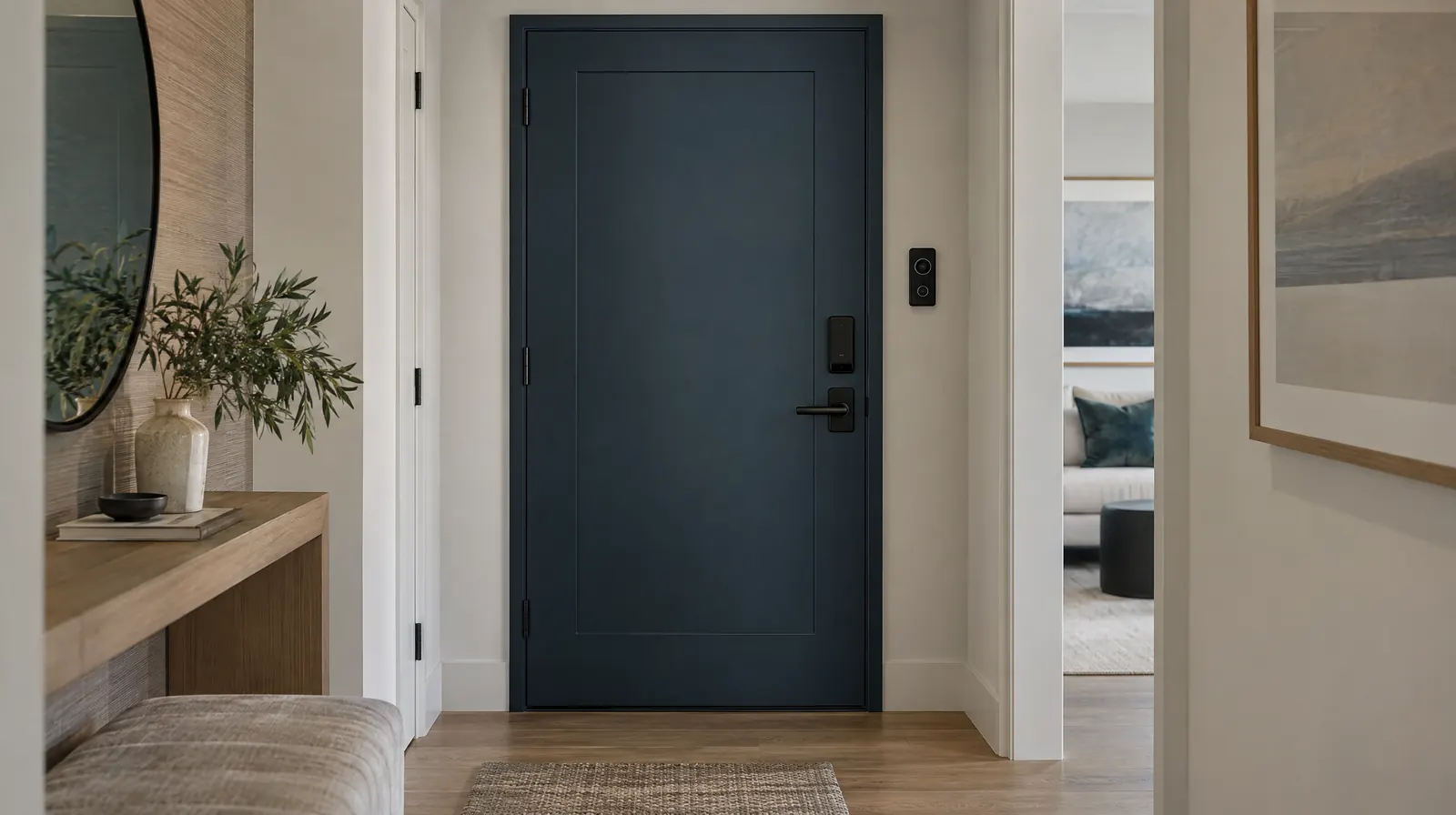 An apartment front door with a smart-lock keypad and a video doorbell camera
